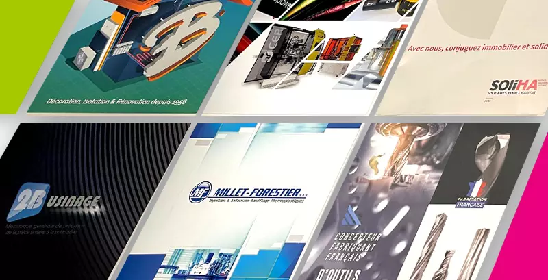 Planche d'aperçus de brochures clients : Onglet, 2B Usinage, Millet-Forestier et autres entreprises