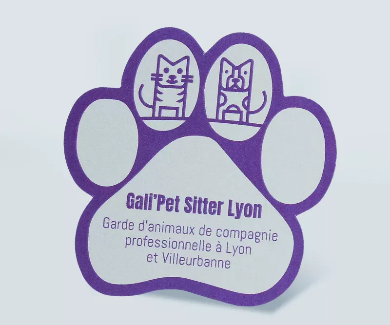 Carte de visite découpée en forme de patte pour Gali'Pet Sitter Lyon, avec icônes de chat et de chien